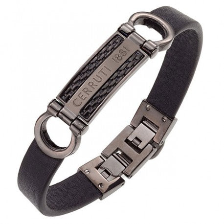 Bracelet Acier IP Noir Canon de Fusil Cuir Noir by Cerruti 1881
