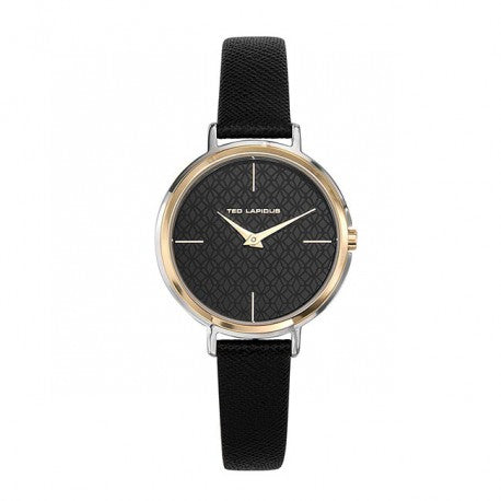 Montre Acier Lunette Dore Bracelet Cuir Noir by Ted Lapidus